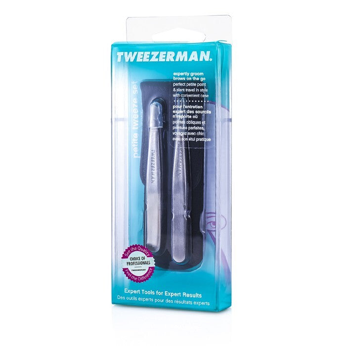 Tweezerman Petite Tweeze Set: Slant Tweezer + Point Tweezer - (With Black Leather Case) 2pcs