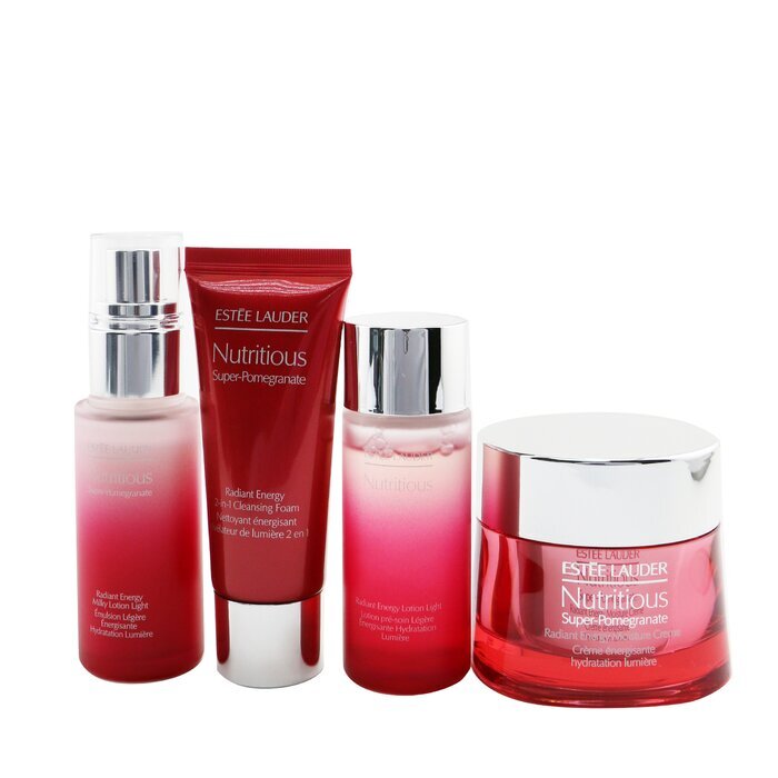 Estee Lauder Nutritious Super-Pomegranate Reveal A Rosy Radiance Set: Moisture Creme+ Milky Lotion Light+ Lotion+ Cleansing Foam ... 4pcs+2bags