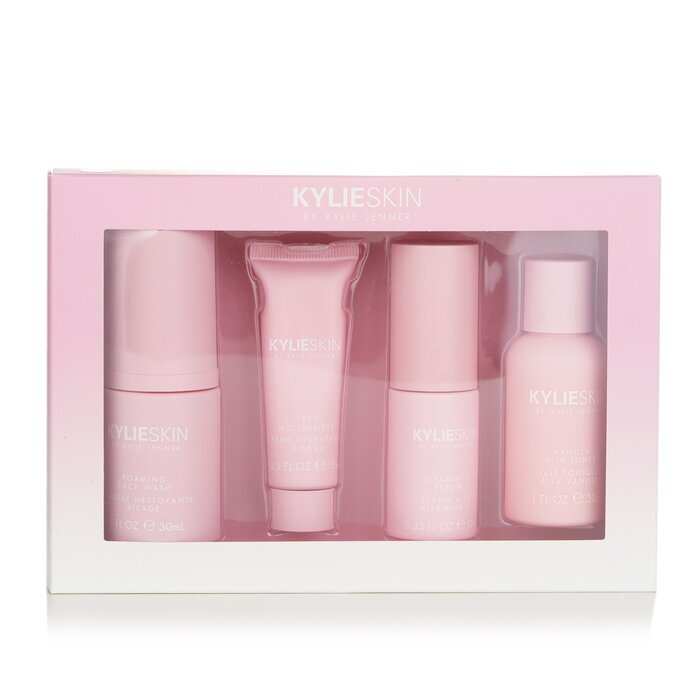 Kylie Skin 4-Piece Mini Set: Foaming Face Wash 30ml + Face Moisturizer 15ml + Vitamin C Serum 10ml + Vanilla Milk Toner 30ml 4pcs