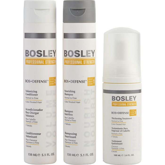 Bosley MD BosDefense Color Safe Starter Kit: Nourishing Shampoo 5.1+Volumizing Conditioner 5.1oz+Leave In Treatment 3.4oz 3pcs